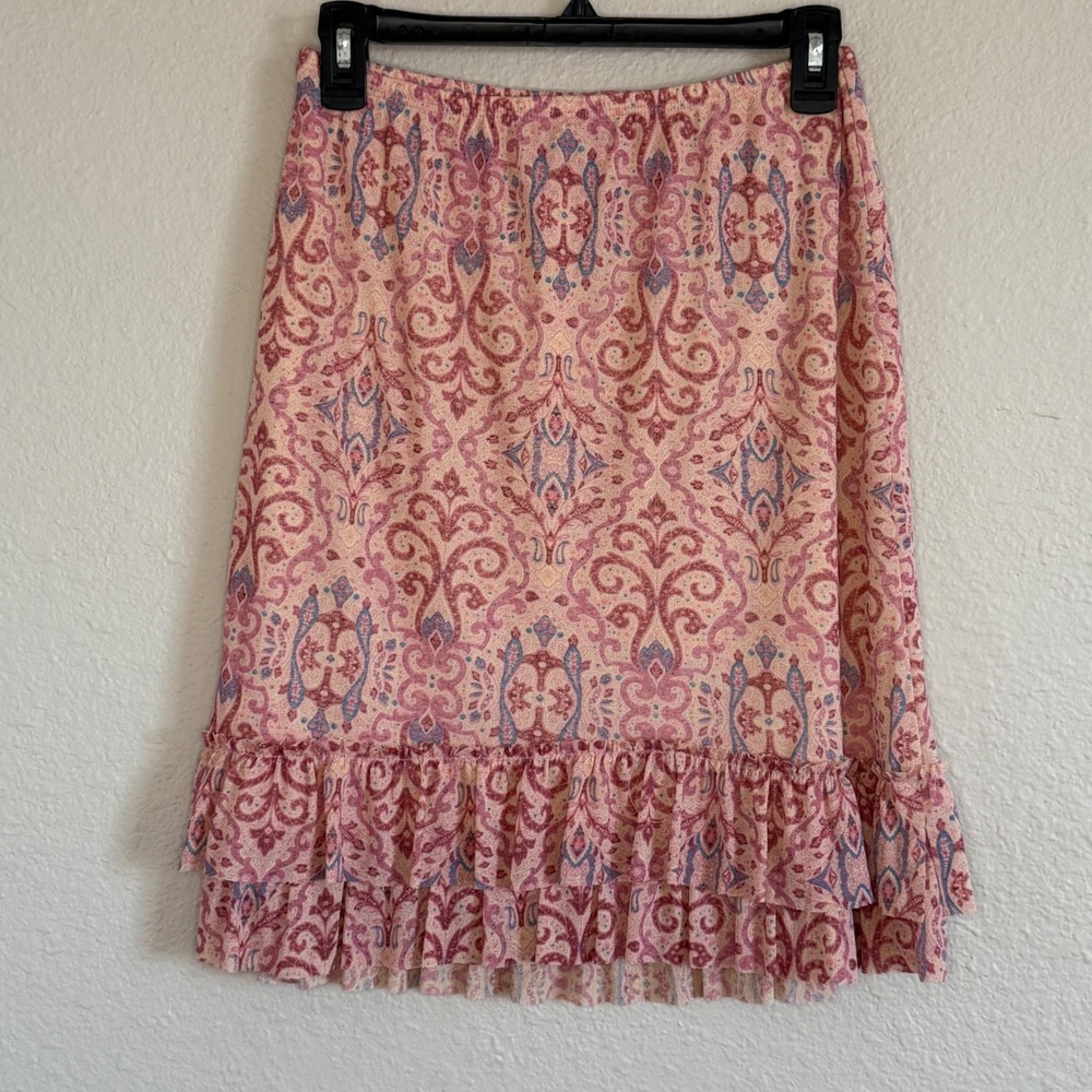 Vintage Y2K Petite Medium Pink Paisley Ruffle Skirt Fairy Soft Girl‎ Dainty Boho